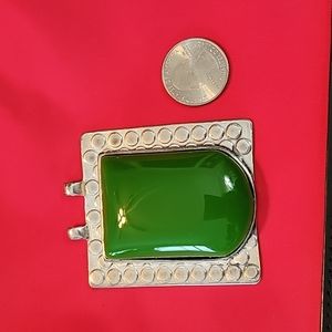Vintage 2"×3" Large Pea Green Pendant set in silver color bubble metal boho